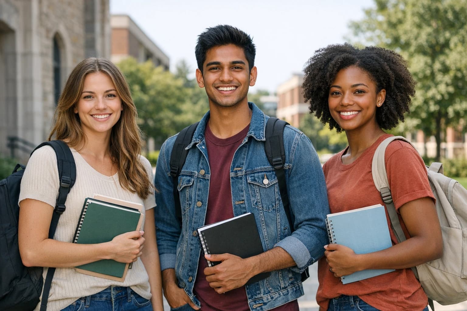 Three smiling college students standing together on campus