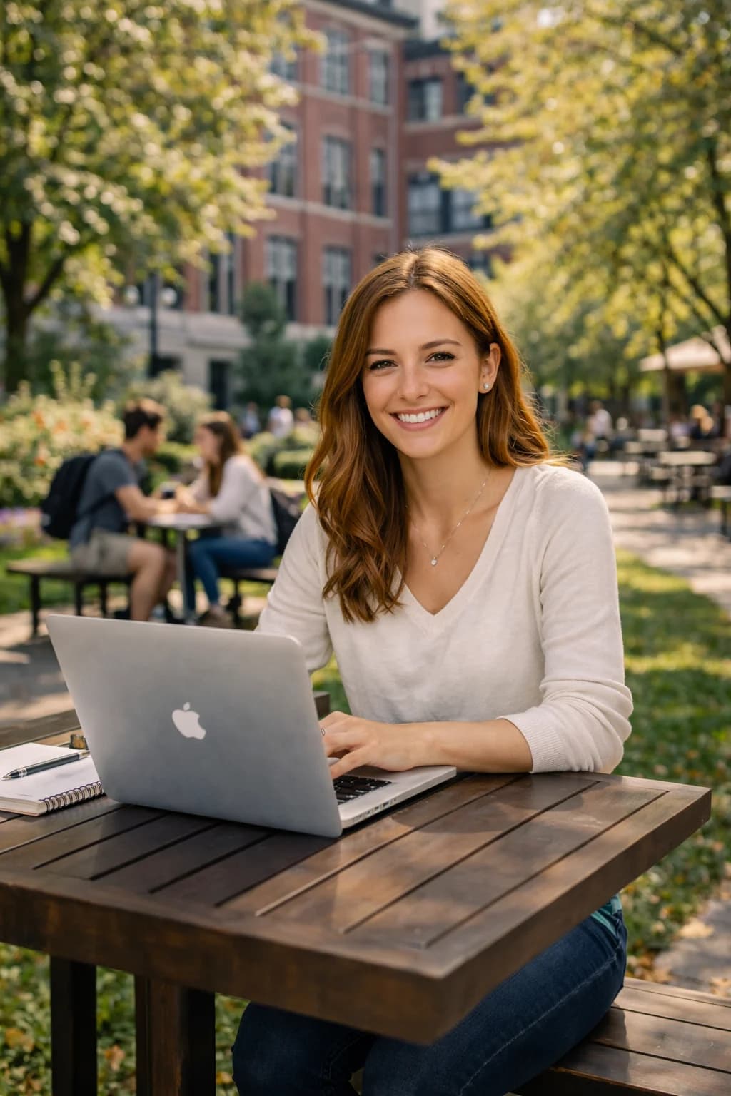 Studentessa universitaria che studia a un tavolo del campus con il laptop