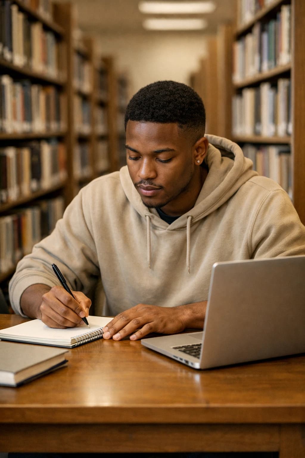 Black male university student studying in a quiet library aisle with a notebook and laptop