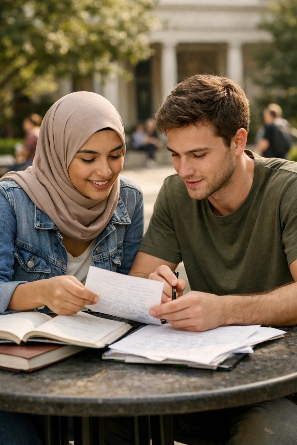 A university student wearing a hijab and a male classmate reviewing notes together at an outdoor campus table