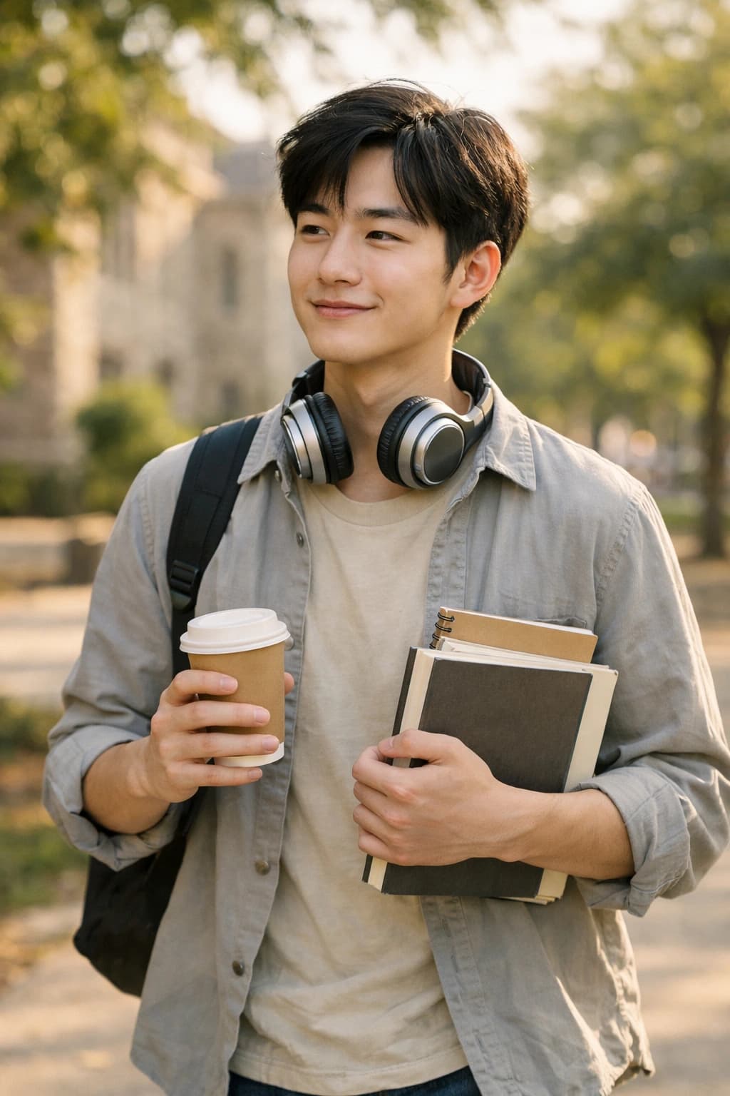 East Asian male university student walking across campus with books and coffee between classes
