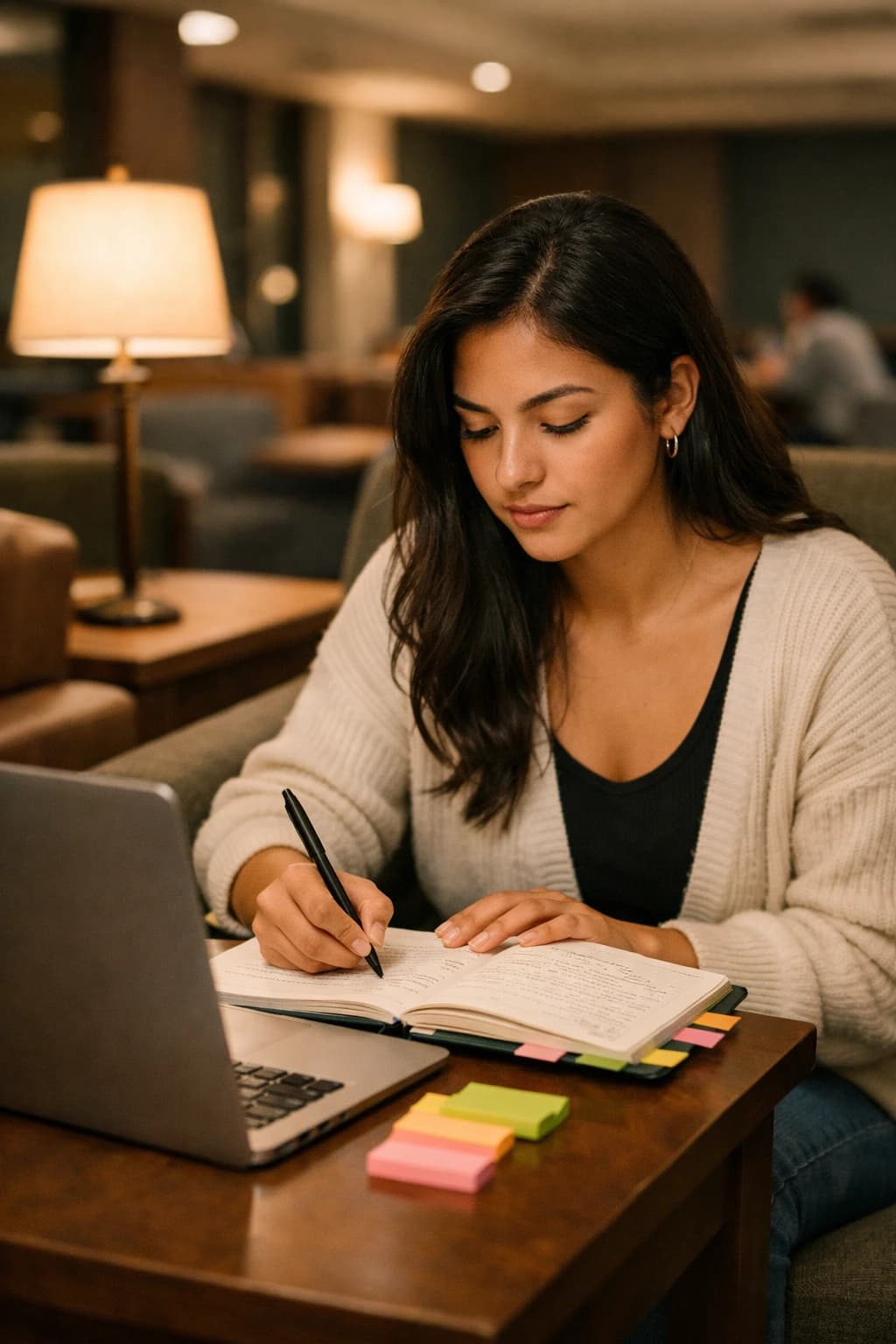Latina university student studying in an indoor lounge with a laptop and paper notes