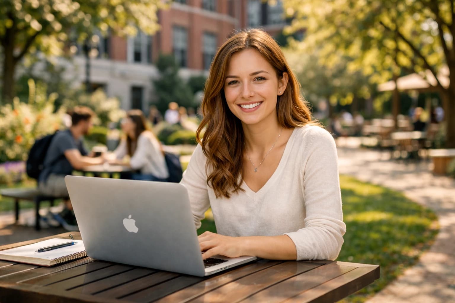 University student studying at an outdoor campus table with a laptop