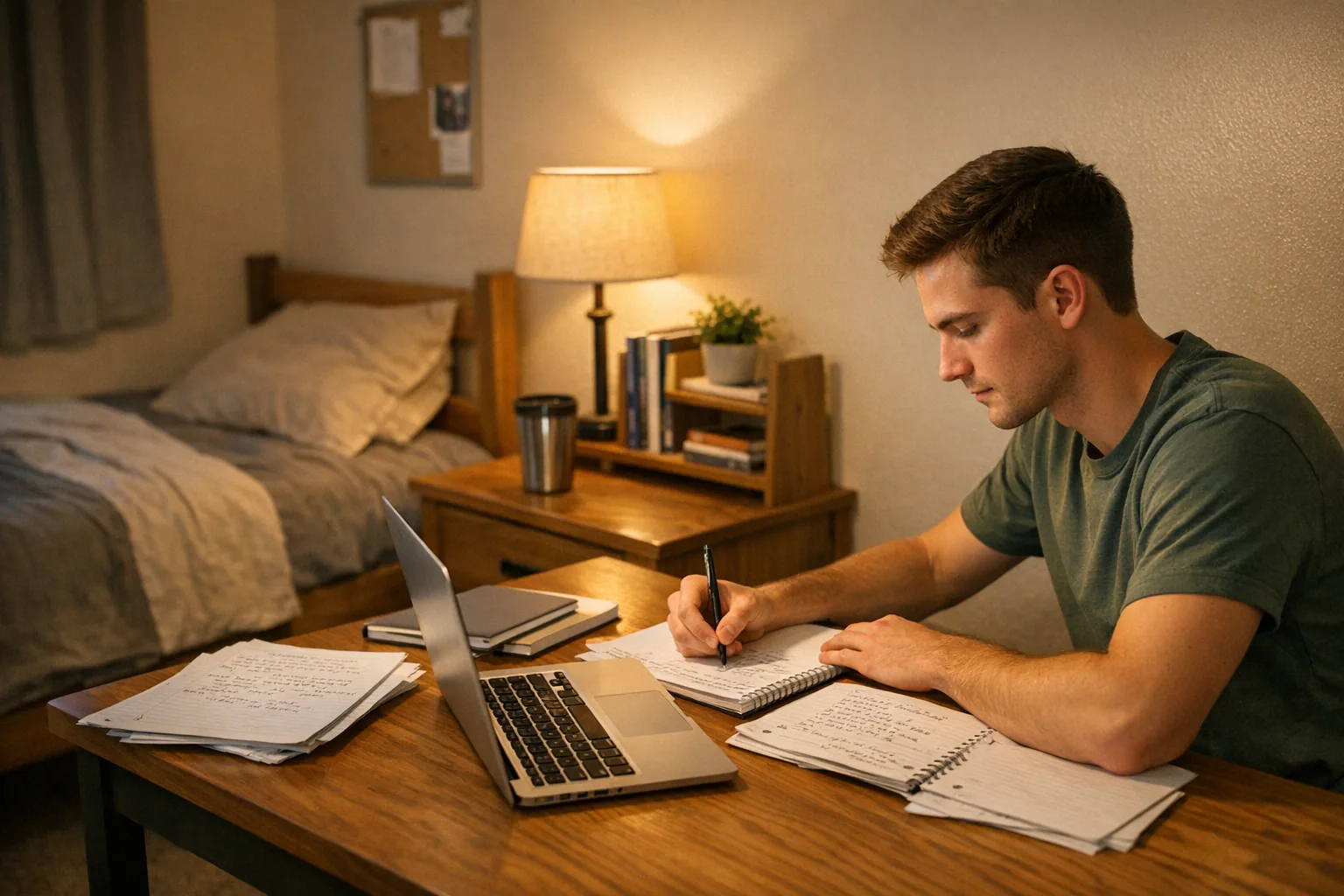 Studente universitario che studia con un portatile e degli appunti in una stanza del campus