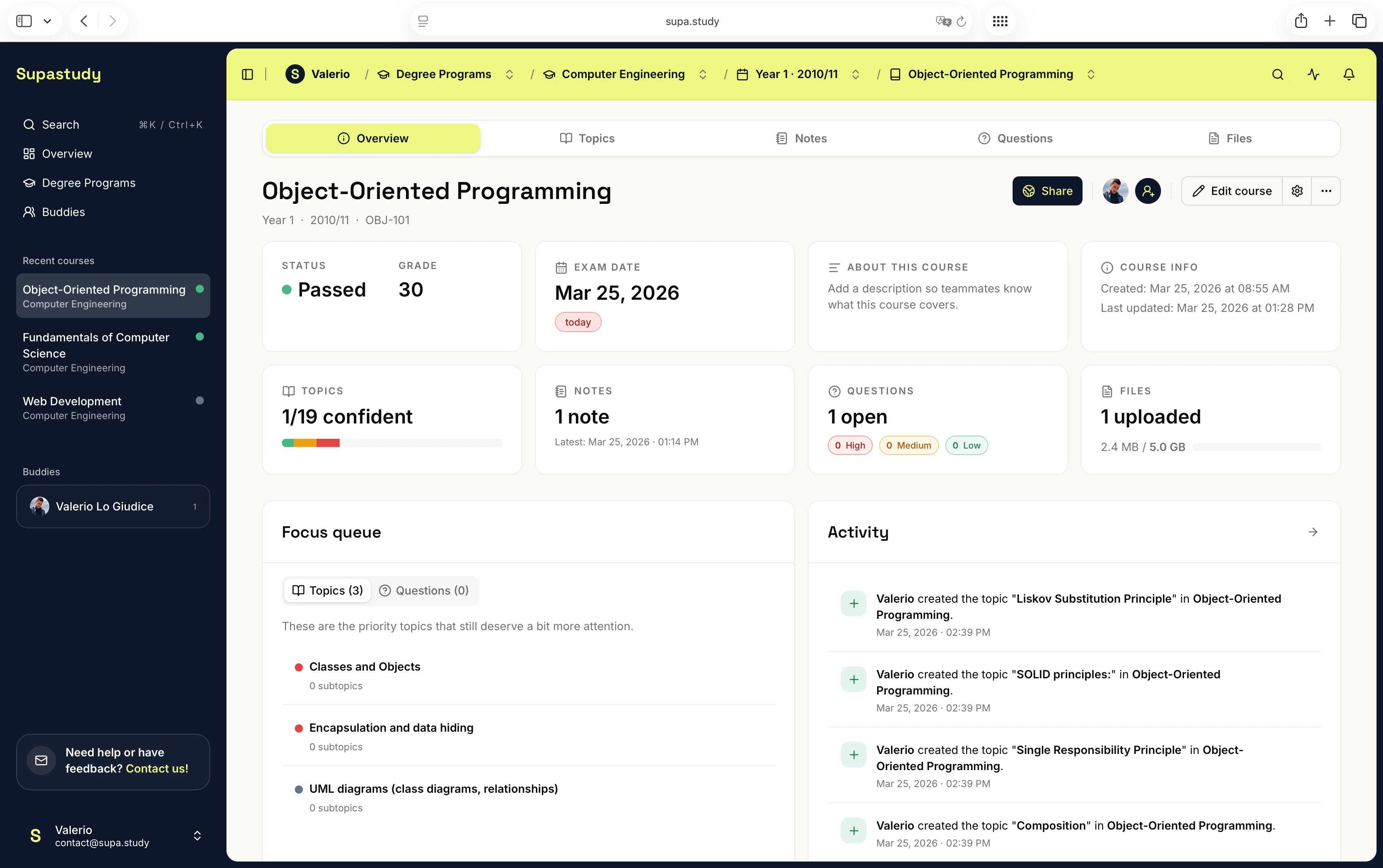Supastudy dashboard showing a university course workspace with study materials and recent activity