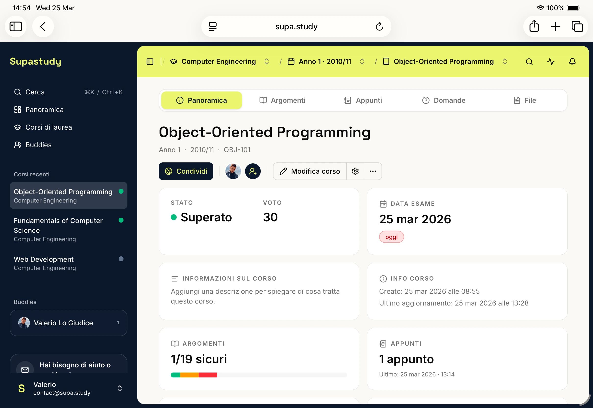 Supastudy course dashboard on tablet showing a course overview for exam preparation